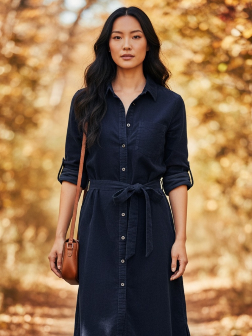 Lands' End Corduroy Shirt Dress Sz XL 14 16 Navy Blue Belted Career Preppy